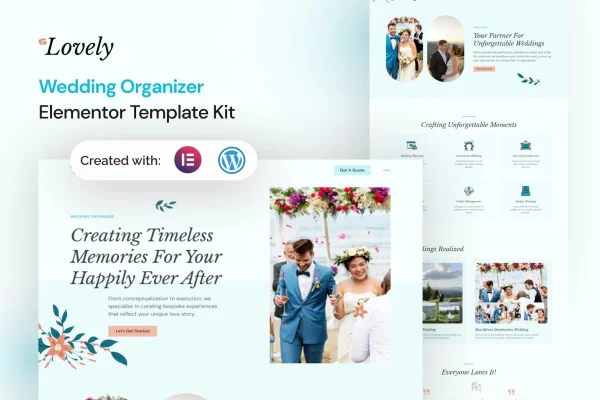 Lovely wedding organizer Elementor template kit preview with romantic page layouts