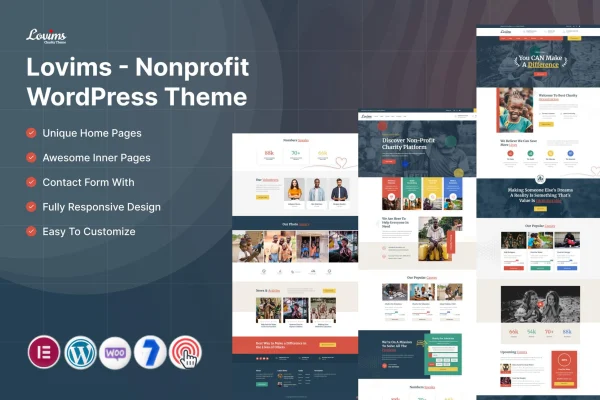Lovims nonprofit WordPress theme preview with charity homepage layout