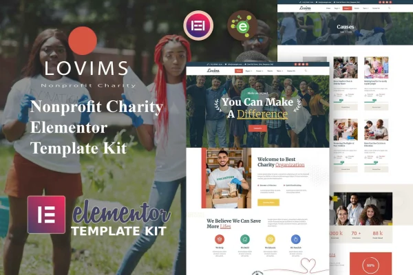 Lovims charity and nonprofit Elementor template kit preview