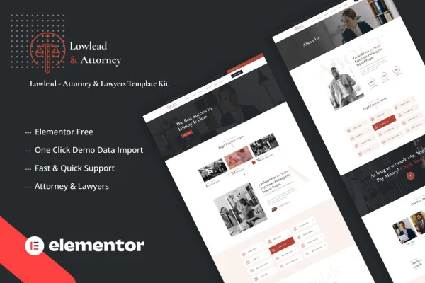 Lowlead attorney and lawyer Elementor template kit preview