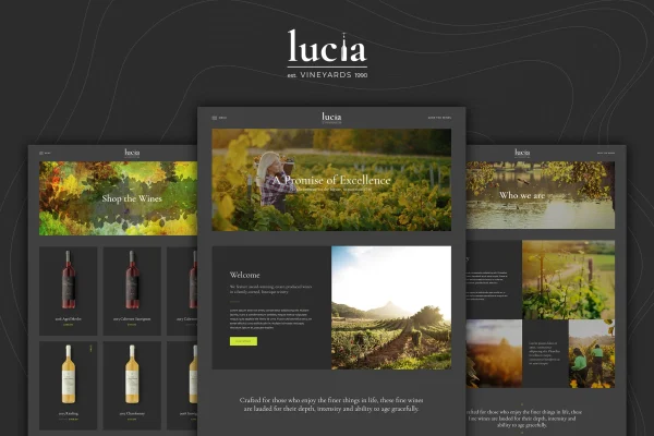 Lucia wine WordPress theme preview with dark fullscreen layout