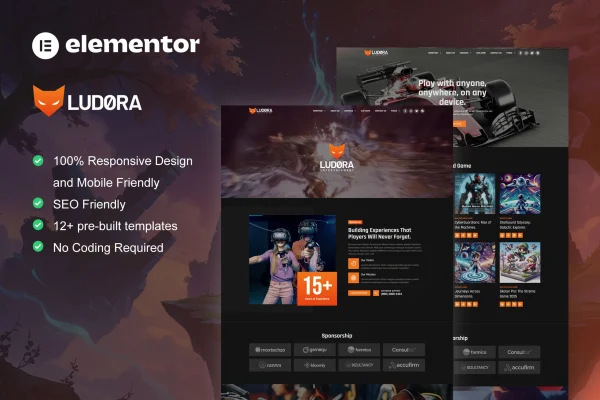 Ludora game developer and studio Elementor Pro template kit preview