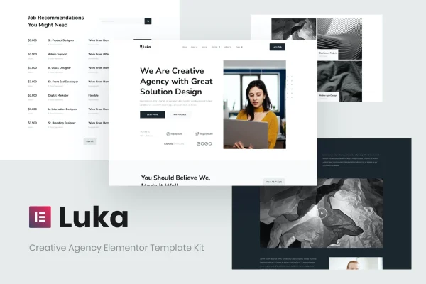 Luka creative agency Elementor template kit preview showing page layouts