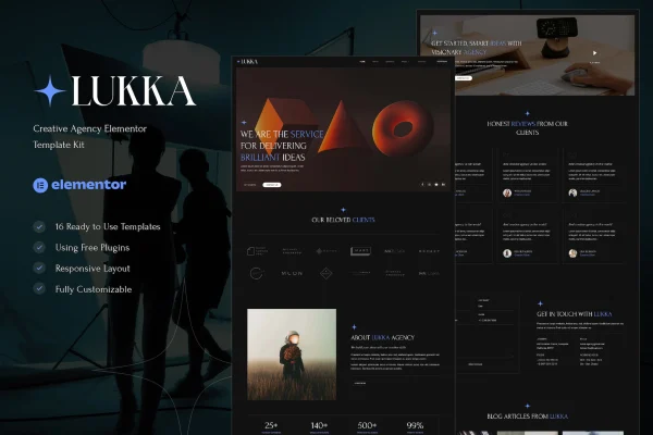 Lukka creative agency Elementor template kit page previews
