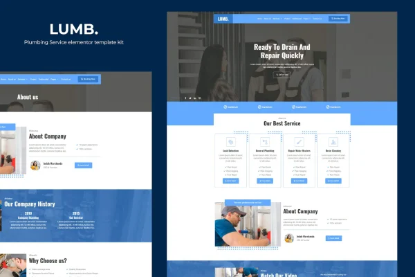 Lumb plumbing service Elementor template kit preview showing website page layouts