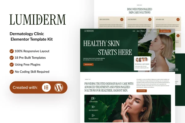Lumiderm dermatology clinic Elementor template kit cover image