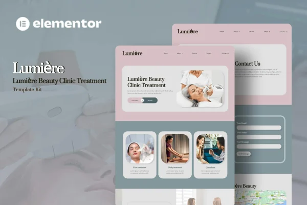 Lumiere beauty clinic Elementor template kit cover showing page layouts