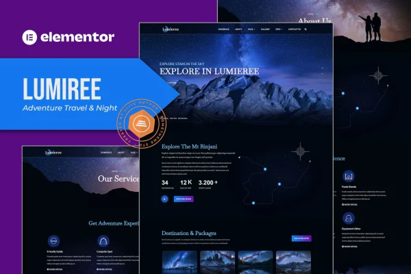 Lumieree adventure travel and night camping Elementor template kit preview