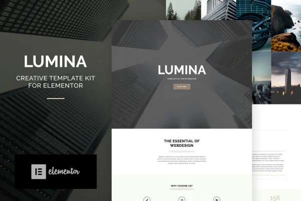 Lumina Elementor template kit preview showing minimalist creative and business page layouts