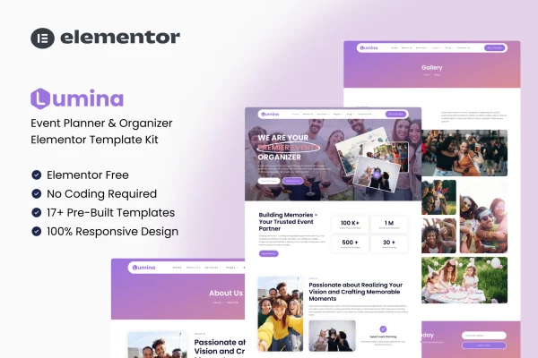 Lumina event planner Elementor template kit cover image