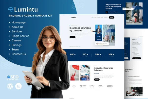 Lumintu insurance agency Elementor template kit page previews