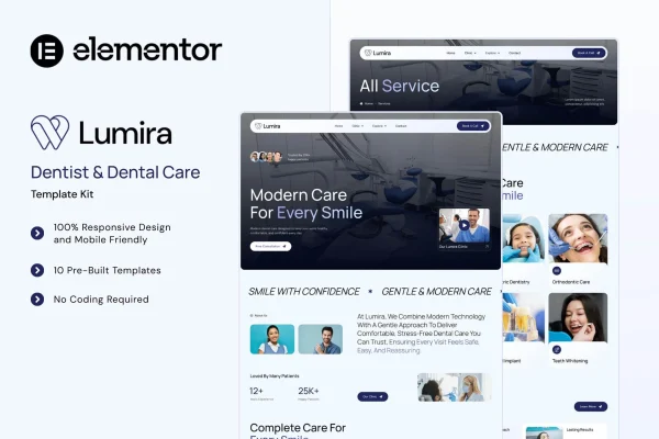 Lumira dentist and dental care Elementor template kit preview