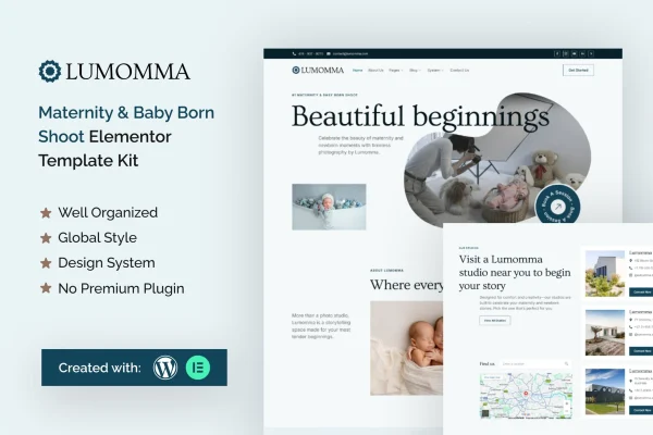 Lumomma maternity and newborn photography Elementor template kit preview