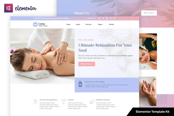 Luna spa and wellness Elementor template kit cover image