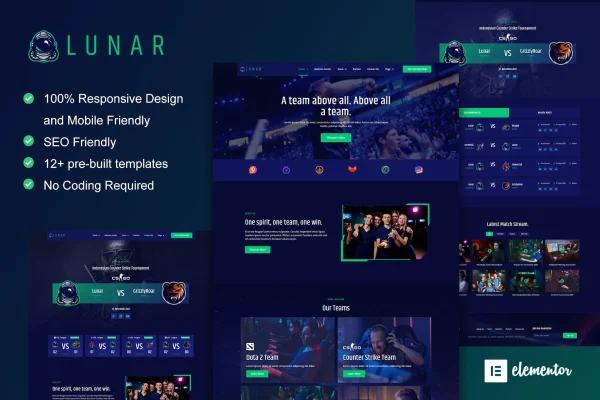Lunar esports and gaming Elementor template kit cover image