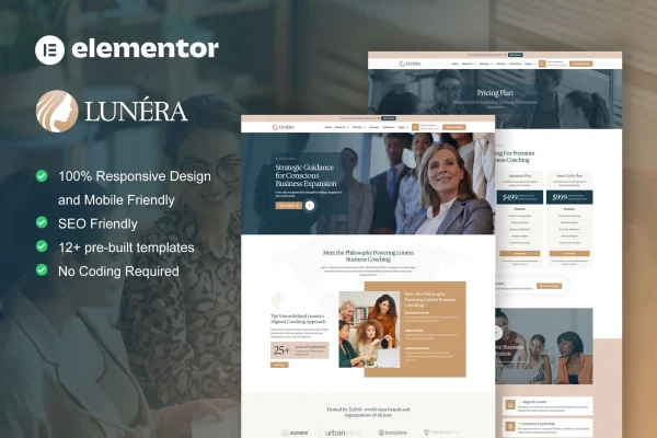 Lunera feminine business coaching Elementor template kit preview