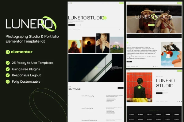 Lunero photography studio and portfolio Elementor template kit preview