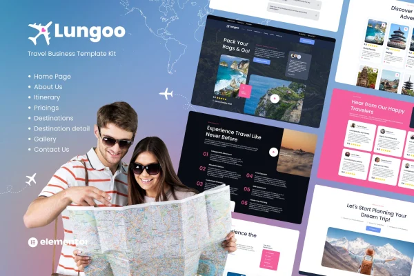 Lungoo travel business Elementor template kit preview