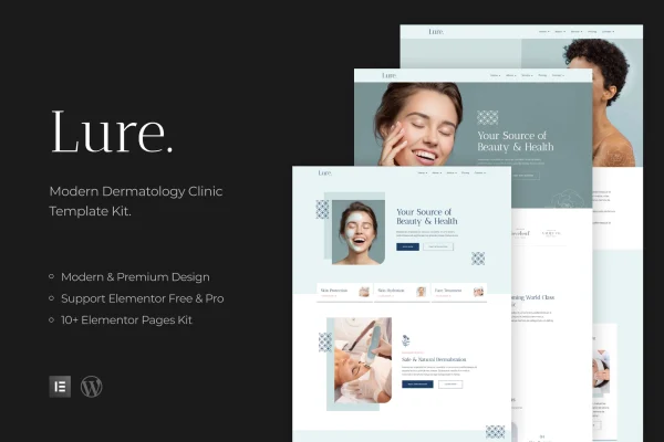 Lure dermatology Elementor template kit cover showing skincare clinic page designs