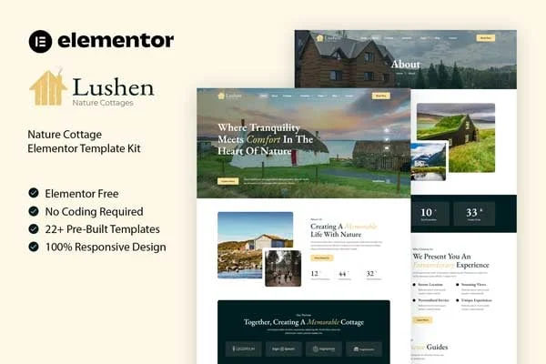 Lushen nature cottage Elementor template kit preview with earthy, organic page layouts