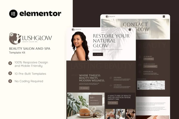 Lushglow beauty salon and spa Elementor template kit preview