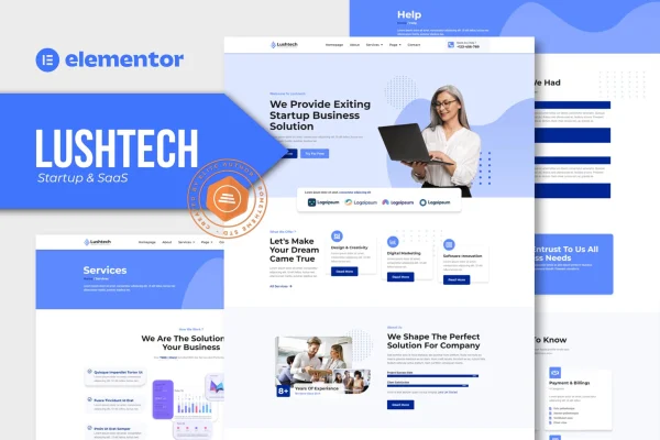 Lushtech startup and SaaS Elementor Pro template kit preview