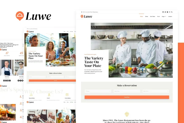 Luwe restaurant Elementor template kit preview with food website page layouts