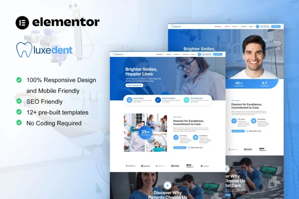 LuxeDent dentist and dental care Elementor template kit preview