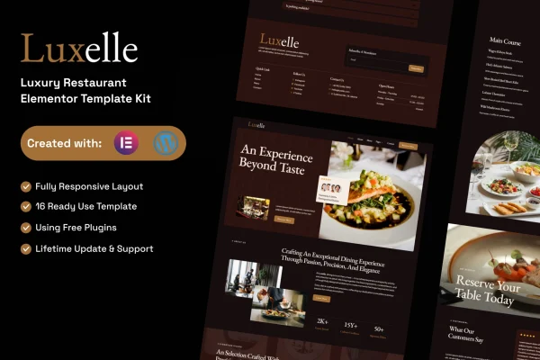 Luxelle luxury restaurant Elementor template kit preview