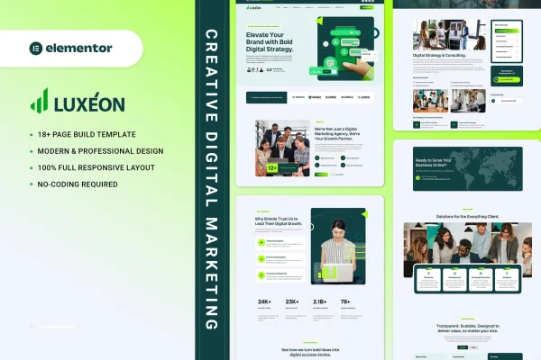 Luxeon digital marketing Elementor template kit page previews