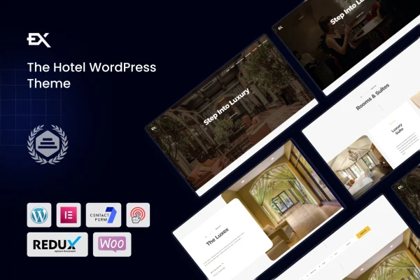 Luxex hotel WordPress theme cover showing a luxury hotel homepage layout