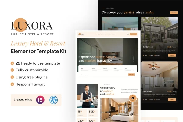 Luxora luxury hotel and resort Elementor template kit preview