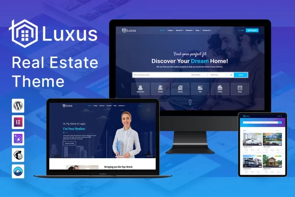Luxus real estate WordPress theme preview with property listing homepage layouts