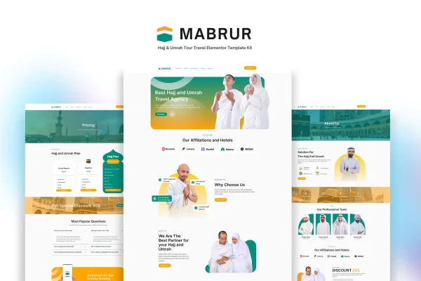 Mabrur Hajj and Umrah tour travel Elementor template kit cover image