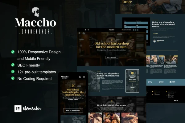 Maccho gentlemen barbershop Elementor template kit preview