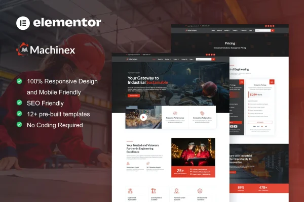 Machinex engineering and industrial Elementor template kit preview