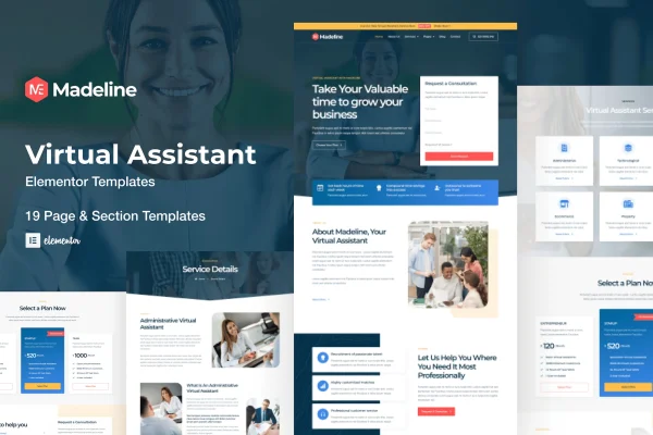 Madeline virtual assistant Elementor template kit cover showing website page layouts
