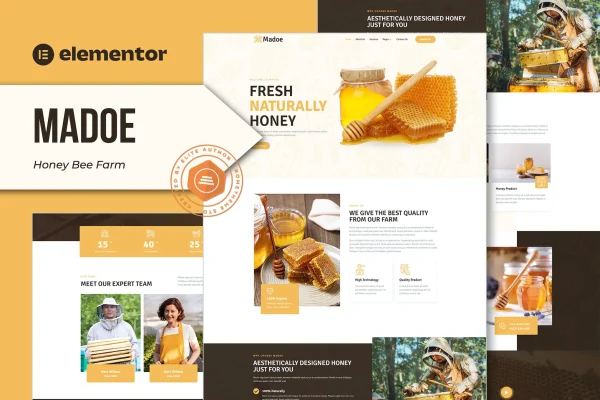 Madoe Honey Bee Farm Elementor template kit cover showing honey farm website pages