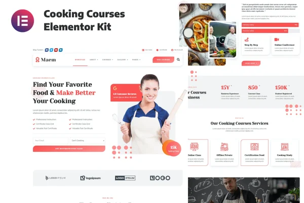 Maem cooking courses Elementor template kit preview with food imagery and class layouts