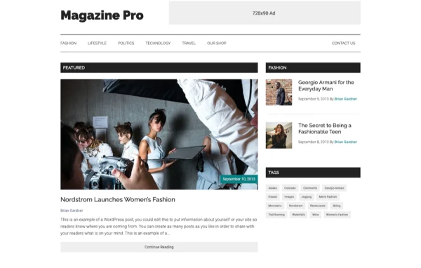Magazine Pro Theme preview showing a magazine-style homepage layout
