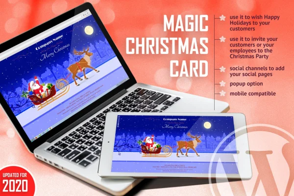 Magic Christmas Card plugin banner with an animated holiday greeting card