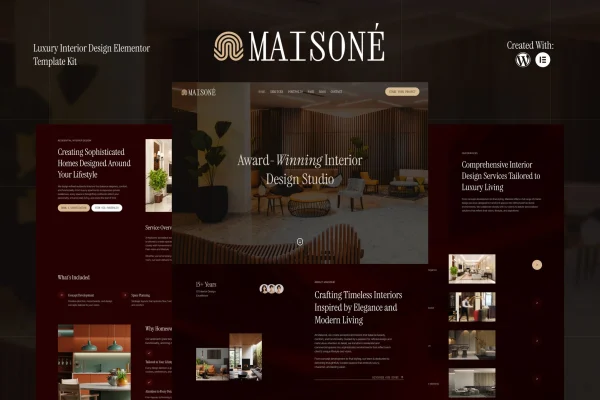 Maisone luxury interior design Elementor template kit cover with elegant room layouts