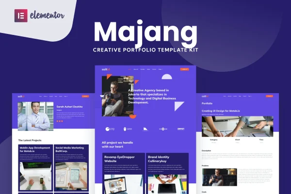 Majang personal portfolio Elementor template kit cover showing page layouts