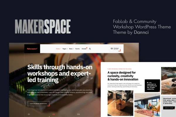 Makerspace WordPress theme preview for a fab lab and community workshop website
