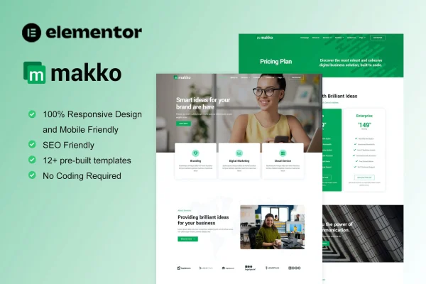 Makko digital agency Elementor template kit cover showing sample website page layouts