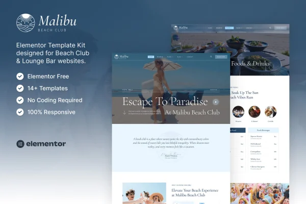 Malibu beach club and lounge bar Elementor template kit preview