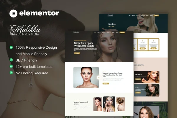 Malikha beauty salon and spa Elementor template kit preview