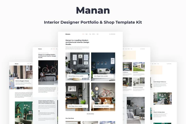 Manan interior designer Elementor template kit preview with minimalist portfolio pages