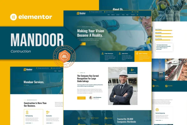 Mandoor construction Elementor template kit preview showing website page layouts