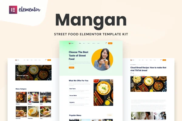 Mangan restaurant Elementor template kit cover showing website page designs